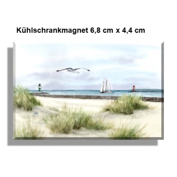 Kühlschrankmagnet  Aquarell Maritim Kunst Druck Kunstdruck Ostsee Leuchtturm Warnemünde West- und Ostmole Molenfeuer  Rostock